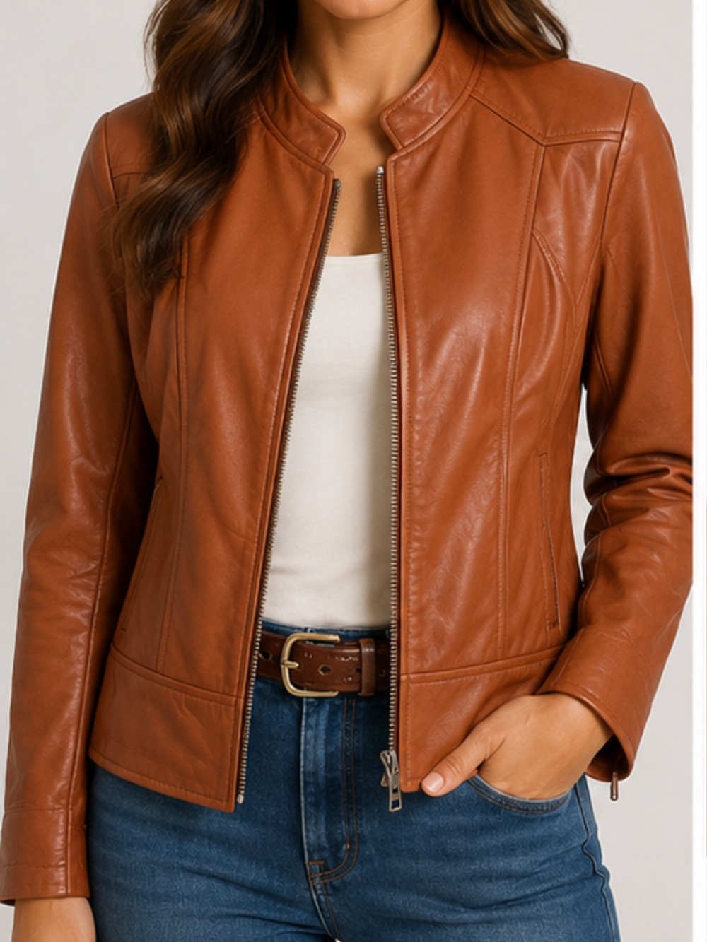 Real Leather Genuine Leather Moto Jacket in Cognac